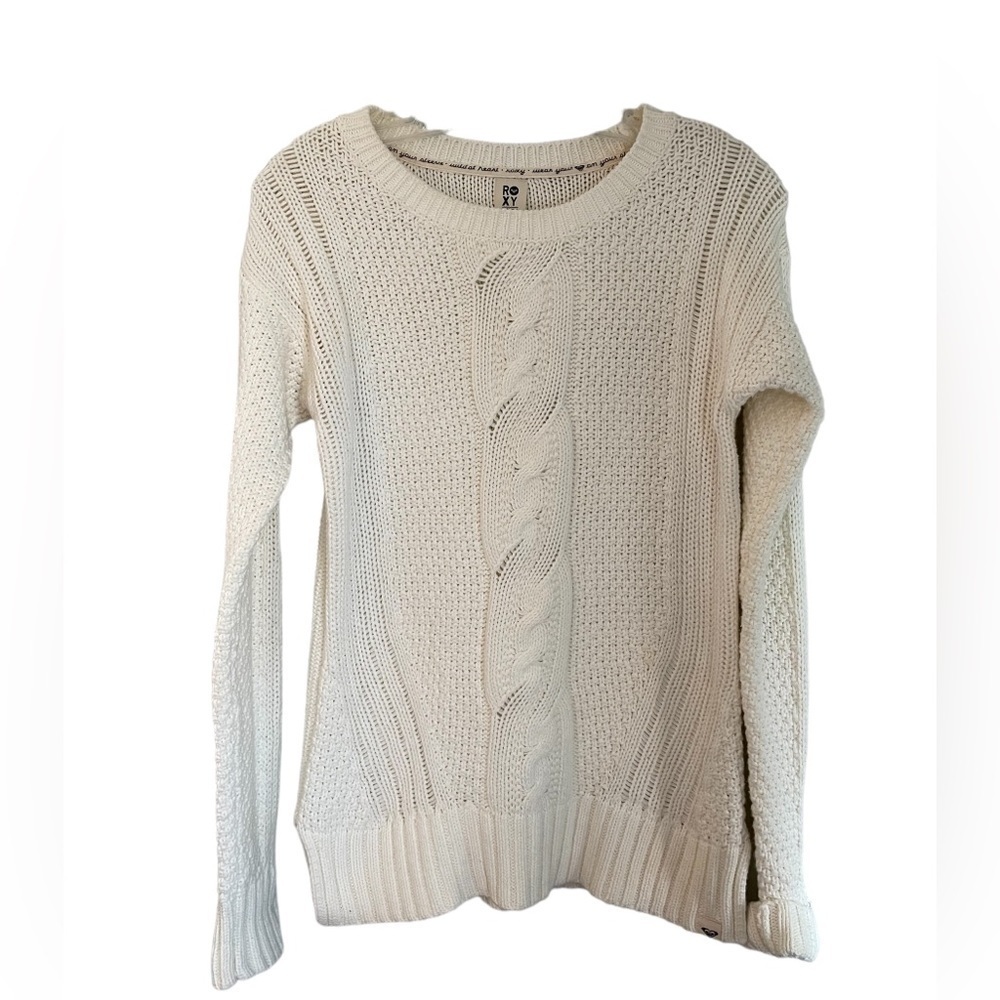 ROXY White Braided Knit Sweater Wear Your Heart On Your Sleeve Sweater M